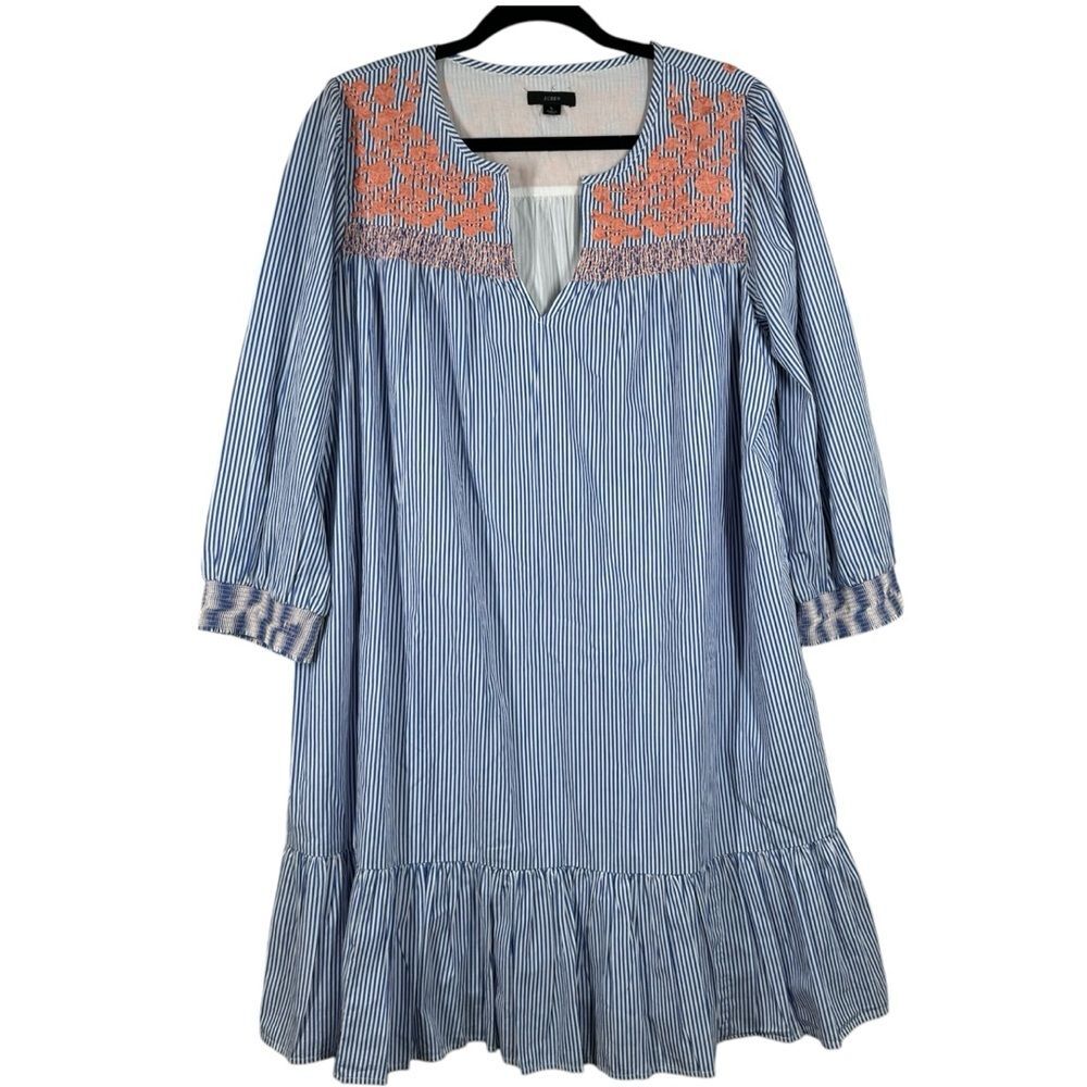 J. Crew Striped Embroidered Popover Shift Dress Ruffle Hem Preppy Coastal Large